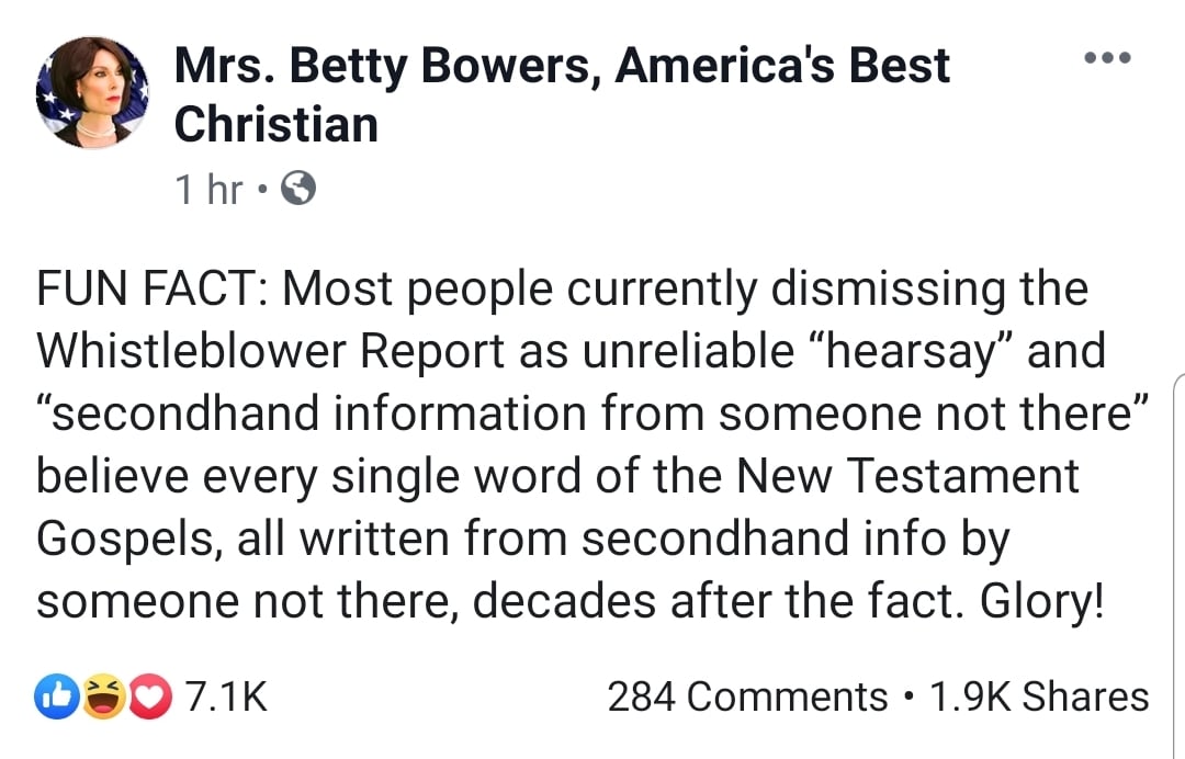political political-memes political text: Mrs. Betty Bowers, America's Best Christian 1 hr FUN FACT: Most people currently dismissing the Whistleblower Report as unreliable 