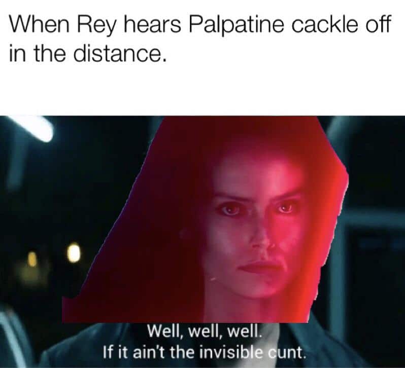sequel-memes star-wars-memes sequel-memes text: When Rey hears Palpatine cackle off in the distance. Well, well, well. If it ain't the invisible unt: 