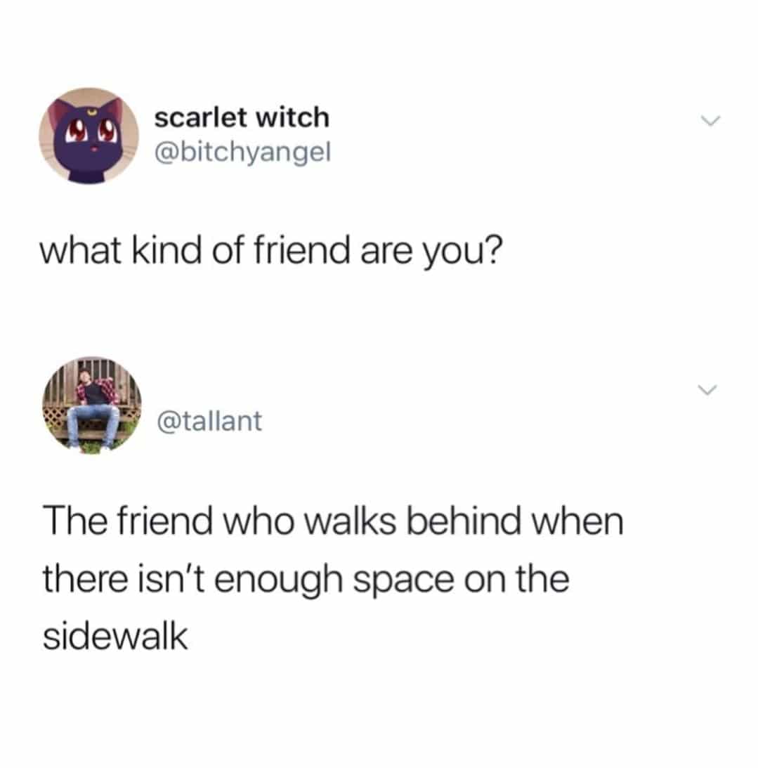 depression depression-memes depression text: scarlet witch @bitchyangel what kind of friend are you? @tallant The friend who walks behind when there isn't enough space on the sidewalk 