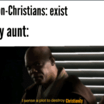 christian-memes christian text: Non-Christians: exist My aunt: sense a plot to destroy Christianity  christian