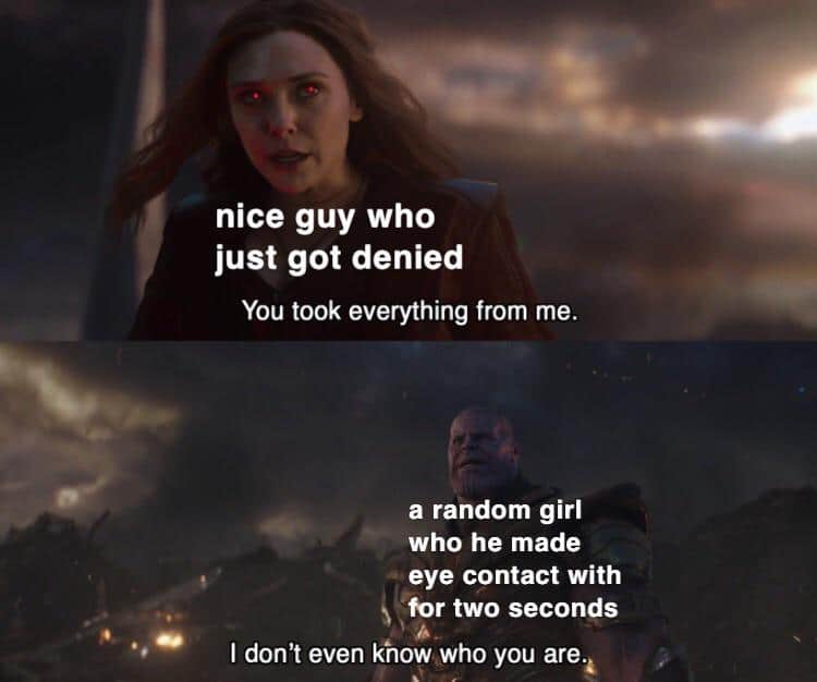 thanos avengers-memes thanos text: nice guy who just got denied You took everything from me. a random girl who he made eye contact with for two seconds I don't even know who you are. 