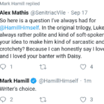 star-wars-memes ot-memes text: Mark Hamill replied Alex Mathis @SenitriacVile • Sep 17 So here is a question I