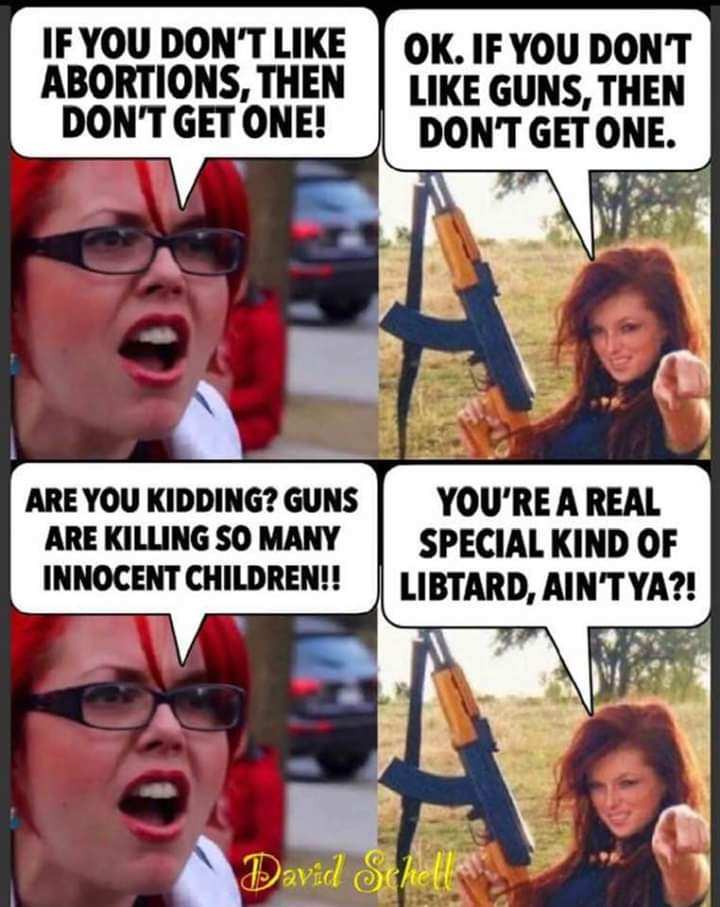 political political-memes political text: IF YOU DON'T LIKE ABORTIONS, THEN DON'T GET ONE! ARE YOU KIDDING? GUNS ARE KILLING SO MANY INNOCENT CHILDREN!! OK. IF YOU DONT LIKE GUNS, THEN DONTGETONE. YOU'REAREAL SPECIAL KIND OF LIBTARD,AIN'TYA?! 