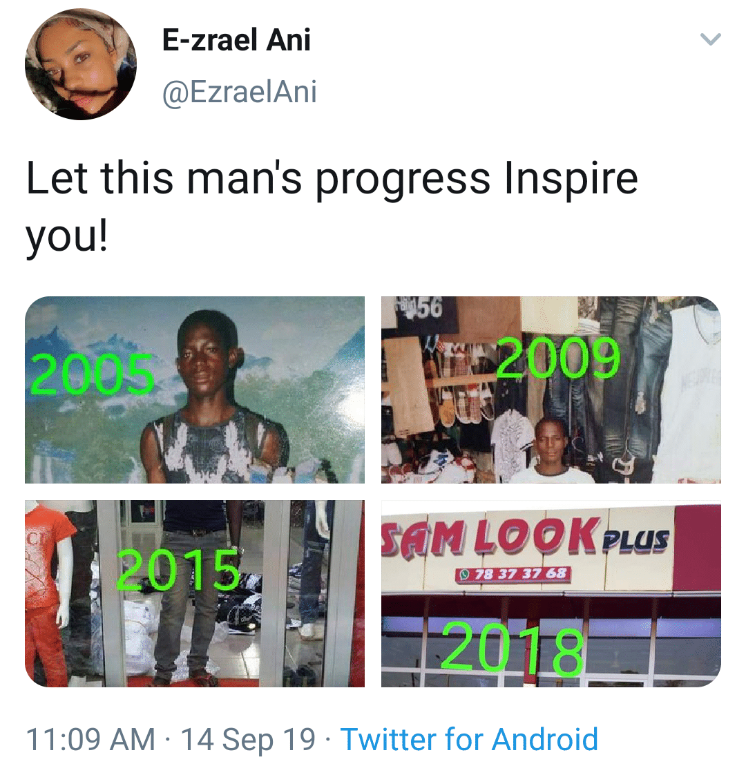 black wholesome-memes black text: E-zrael Ani @EzraelAni Let this man's progress Inspire you! 1 1 AM • 14 Sep 19 • Twitter for Android 