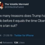 political-memes political text: The Volatile Mermaid @OhNoSheTwitnt How many treasons does Trump have to do before it equals the time Obama wore a tan suit? 15:04 • 21.09.19 2.094 Retweets • Twitter for iPhone 13K Likes  political