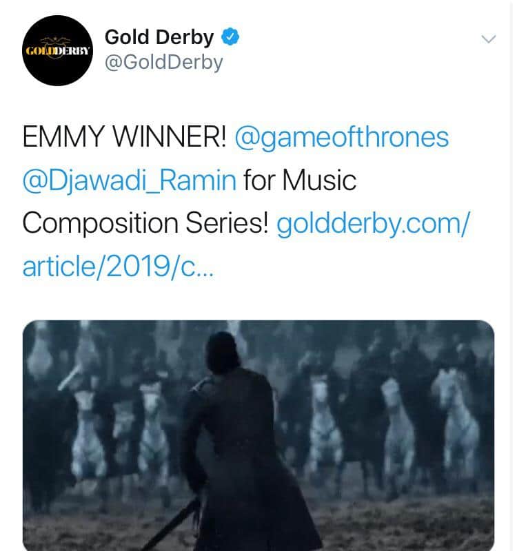 game-of-thrones game-of-thrones-memes game-of-thrones text: Gold Derby @GoldDerby EMMY WINNER! @gameofthrones @Djawadi_Ramin for Music Composition Series! goldderby.com/ article/2019/c... 