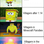 minecraft-memes minecraft text: Villagers before 1 14 Villagers after 1.14 Villagers in Minecraft Parodies Villagers in the Fallen Kingdom songs  minecraft