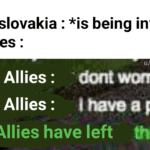 history-memes history text: Czechoslovakia : *is being invaded* The Allies : u/BoredRedditor101 dont worry guys The Allies : i have a plan The Allies : The Allies have left the game.  history