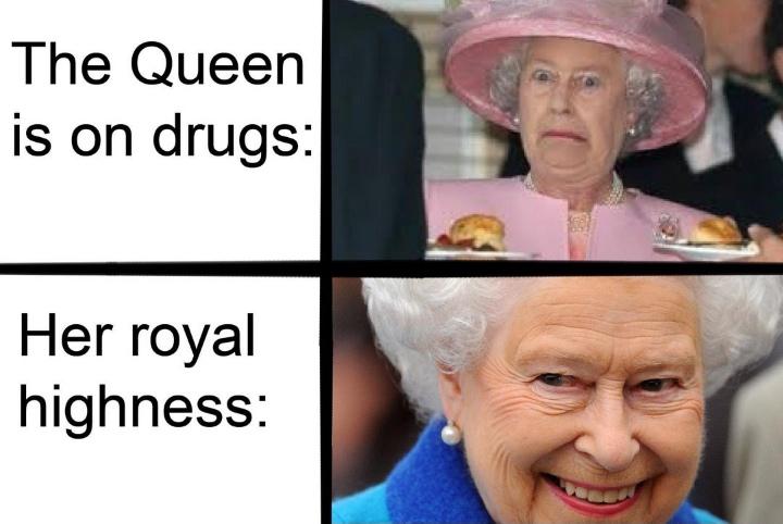 other other-memes other text: The Queen is on drugs: Her royal highness: 