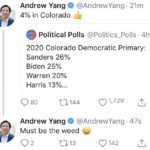 yang-memes economy text: Andrew Yang e @AndrewYang • 21m 4% in Colorado Political Polls @Politics_Polls • 4h 2020 Colorado Democratic Primary: Sanders 26% Biden Warren 20% Harris 13%... 0 80 Q 144 01,129 Andrew Yang e @AndrewYang Must be the weed 02 t-013 0142 . 47s  economy