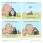 comics comics text: some ANIMALS ARE BIG. SDhE ARE snALL. BUT, AS DIVERSE AS THEY ARE.. THERE IS ONE Sln1LA2TTY BETUCN T BEH ALL. ANIMALS FLY.. WHILE OTHERS Hop THEY ALL DESERVE A HAPPY LIFEI lek