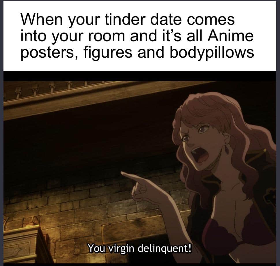 anime anime-memes anime text: When your tinder date comes into your room and it's all Anime posters, figures and bodypillows You virgin delinquent! 