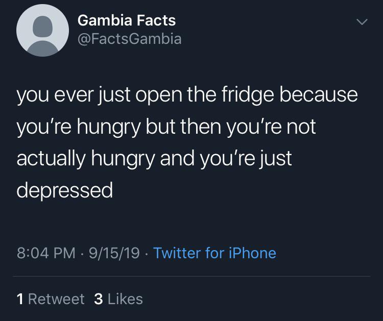 depression depression-memes depression text: Gambia Facts @FactsGambia you ever just open the fridge because you're hungry but then you're not actually hungry and you're just depressed 8:04 PM • 9/15/19 • Twitter for iPhone Retweet 3 Likes 