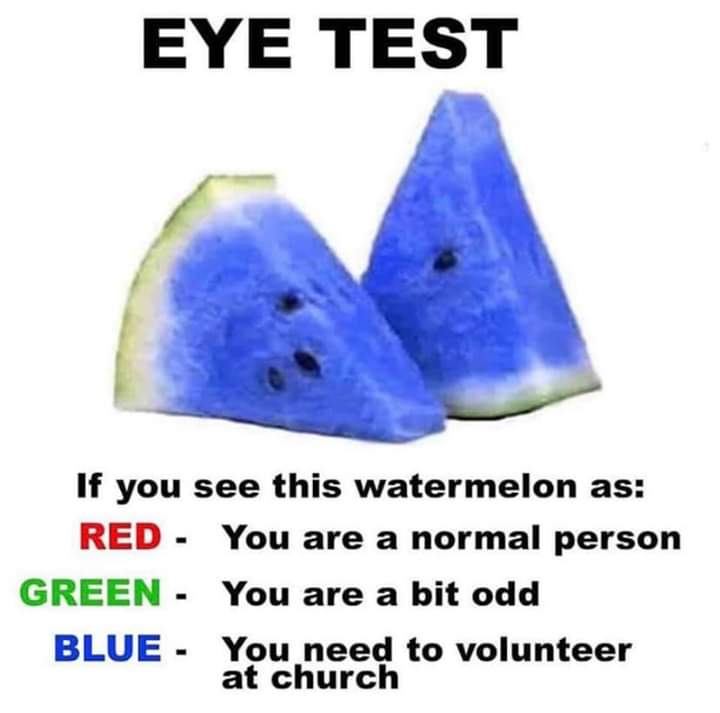 political political-memes political text: EYE TEST If you see this watermelon as: RED - GREEN - BLUE - You are a normal person You are a bit odd You need to volunteer at church 