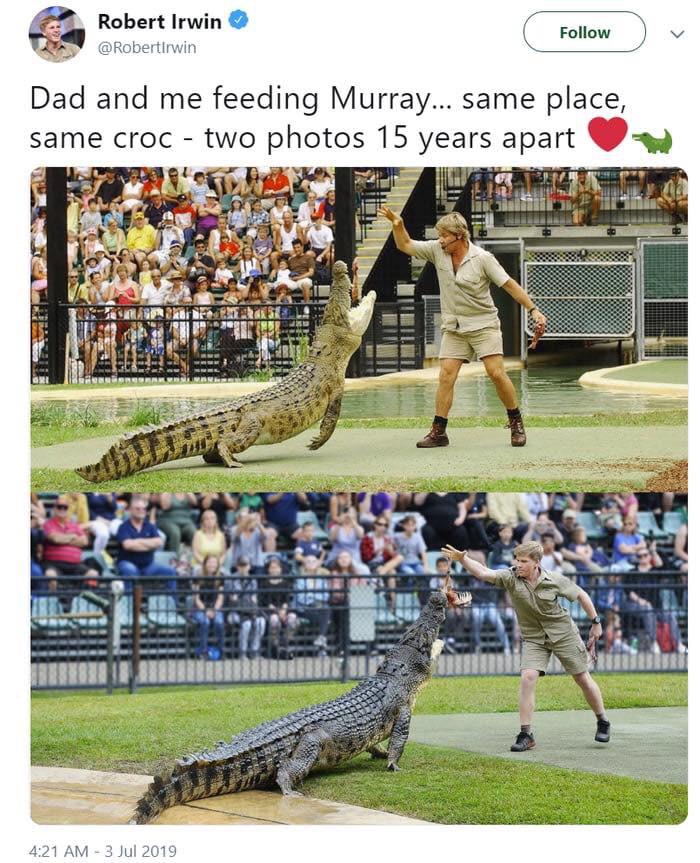 cute wholesome-memes cute text: Robert Irwin Follow @Robertlrwin Dad and me feeding Murray... same place, same croc - two photos 15 years apart limn 4:21 AM -3 Jul 2019 