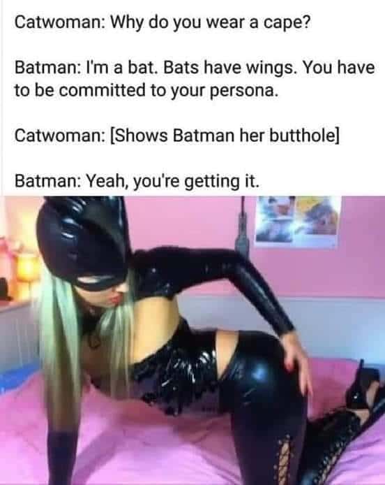 nsfw offensive-memes nsfw text: Catwoman: Why do you wear a cape? Batman: I'm a bat. Bats have wings. You have to be committed to your persona. Catwoman: [Shows Batman her buttholel Batman: Yeah, you're getting it. 