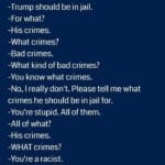 political-memes political text: -Trump should be in jail. -For what? -His crimes. -What crimes? -Bad crimes. -What kind of bad crimes? -You know what crimes. -No, I really don
