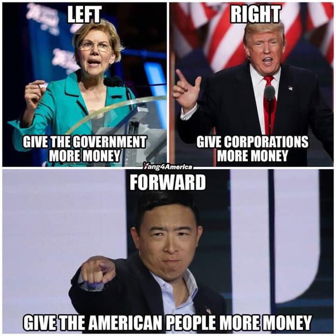 political yang-memes political text: LEFT 'GIVE THE GOVERNMENT MORE : RIGHT GIVE CORPORATIONS 'MORE MONEY FORWARD GIVE THE AMERICAN PEOPLE MORE MONEY 