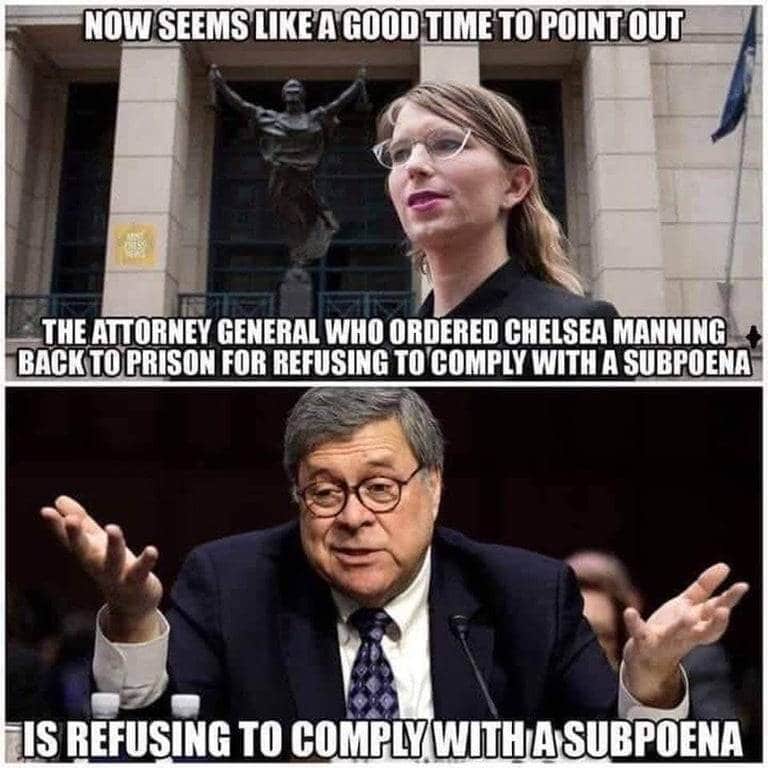 political political-memes political text: ----NOW SEEMS LIKE TIME TO POINTOUTzG =THE ATTORNEY GENERAL WHO ORDERED CHELSEA MANNING BACK TO'PRISON FOR REFUSING TO'COMPLY WITH A SUBPOENA REFUSING TO COMPLY WITH A SUBPOENA 