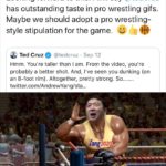 yang-memes yang-vs text: Andrew Yang @AndrewYang Looking forward to this. I will say @tedcruz has outstanding taste in pro wrestling gifs. Maybe we should adopt a pro wrestling- style stipulation for the game. e @tedcruz Sep 12 Ted Cruz Hmm. You