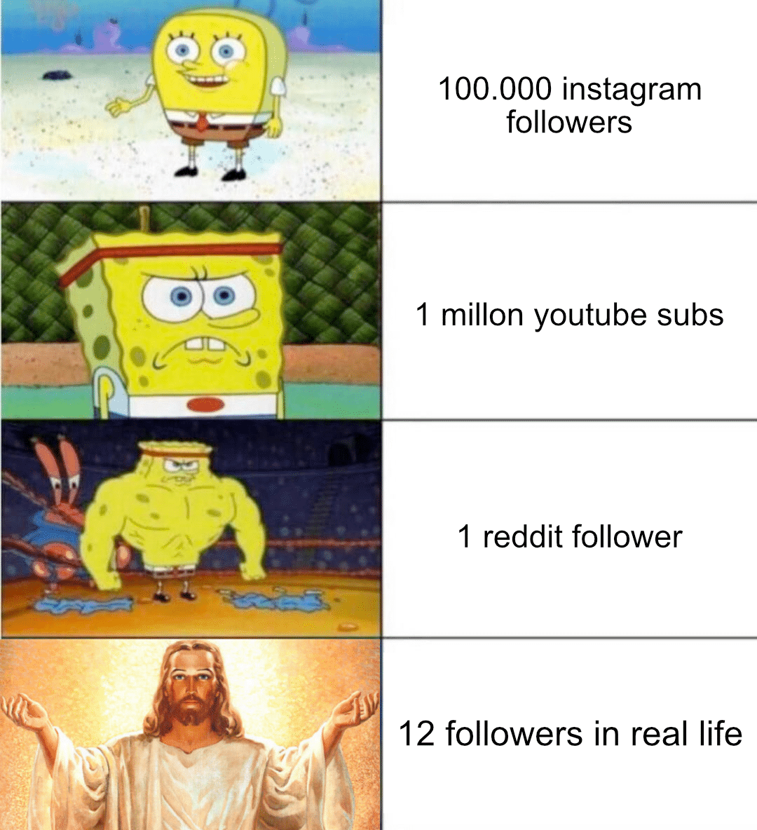 christian christian-memes christian text: 100.000 instagram followers 1 millon youtube subs 1 reddit follower 12 followers in real life 
