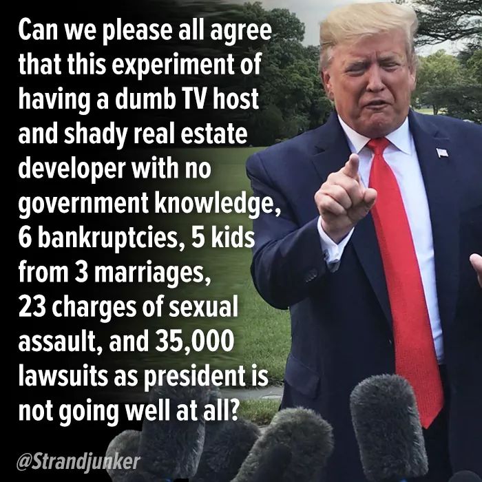 political political-memes political text: Can we please all agree that this experiment of having a dumb TV host and shady real estate developer with no government knowledge, 6 bankruptcies, 5 kids from 3 marriages, 23 charges of sexual assault, and 35,000 lawsuits as president is not going well at all? @Strandju er 