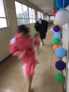 Girl being chased by No Face cosplayer Cosplay meme template