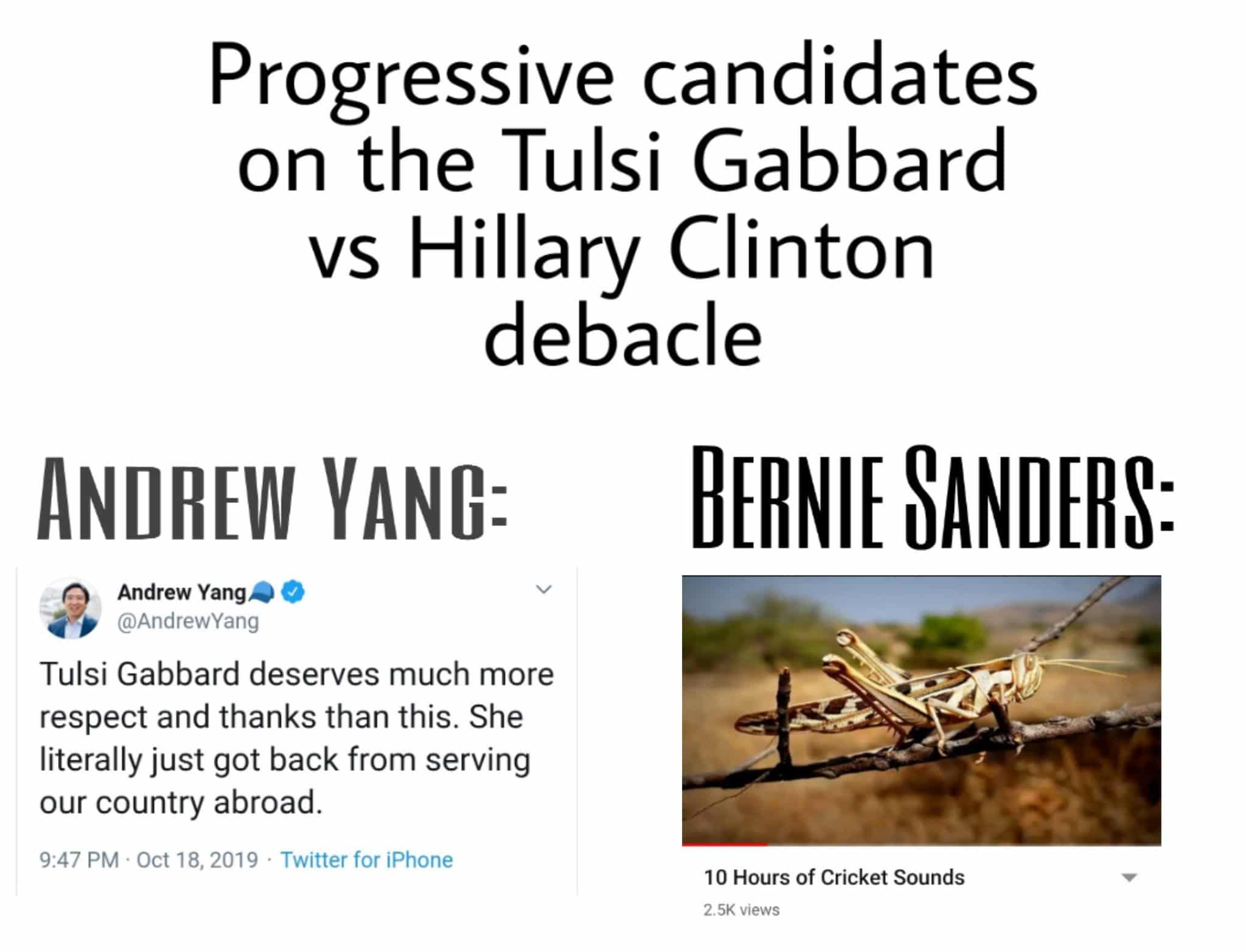 yang-vs yang-memes yang-vs text: Progressive candidates on the Tulsi Gabbard vs Hillary Clinton debacle ANDREW YANG: Andrew Yango @AndrewYang Tulsi Gabbard deserves much more respect and thanks than this. She literally just got back from serving our country abroad. 9:47 PM • Oct 18, 2019 • Twitter for iPhone BERNIE 10 Hours of Cricket Sounds 2.5K views 