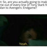 avengers-memes thanos text: Reddit: So, are you actually going to make a meme out of every line of Tony Stark from Iron Man to Avengers: Endgame? Yeah.  thanos