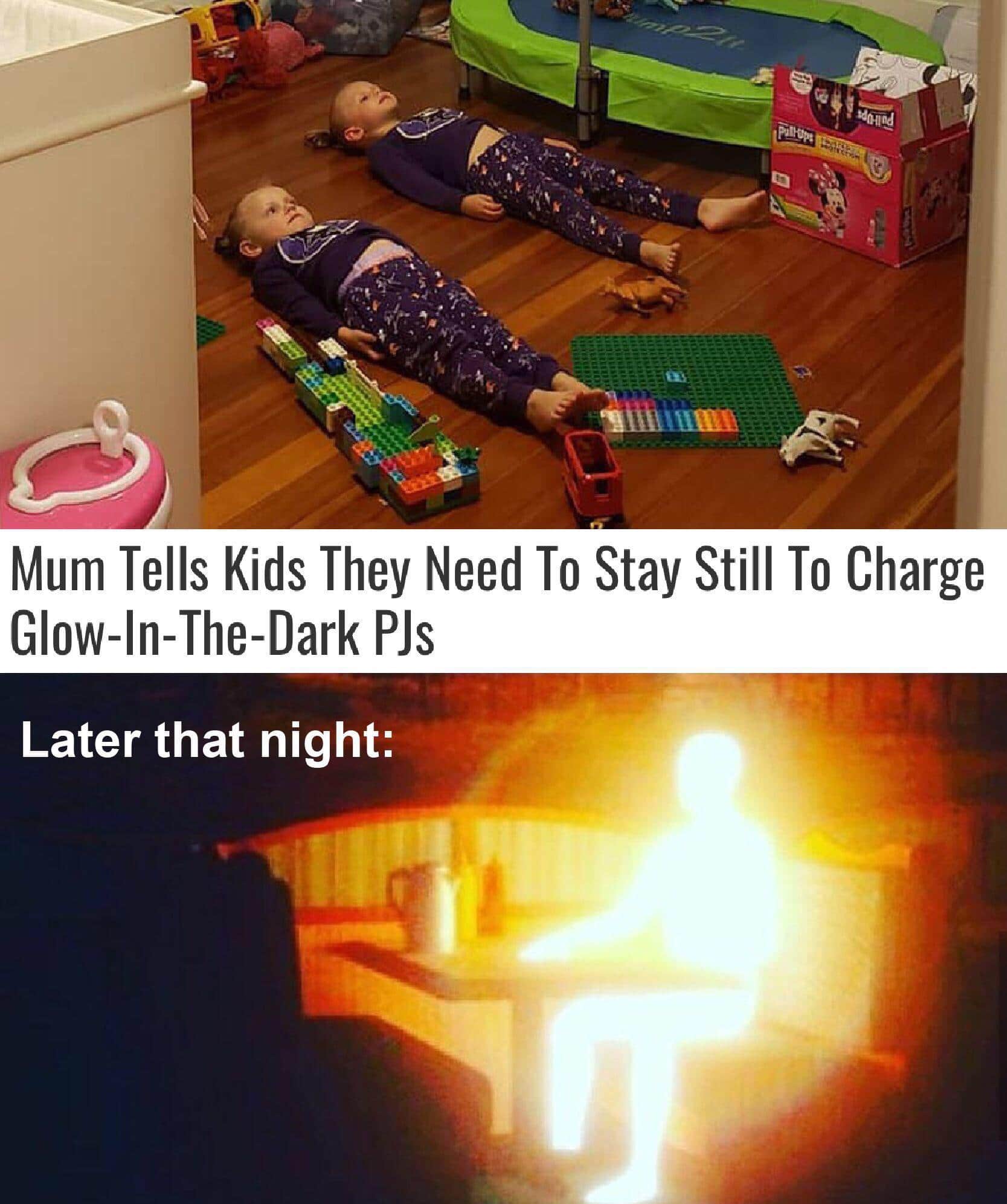 cute wholesome-memes cute text: Mum Tells Kids They Need To Stay Still To Charge Glow-in-The-Dark Later that night: 