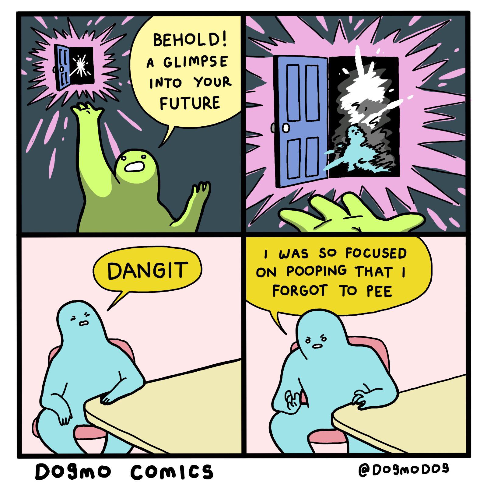 comics comics comics text: DOSmo BEHOLD! A GLImP5E INTO YOUR FUTURE COmlCS o @D09moD09 