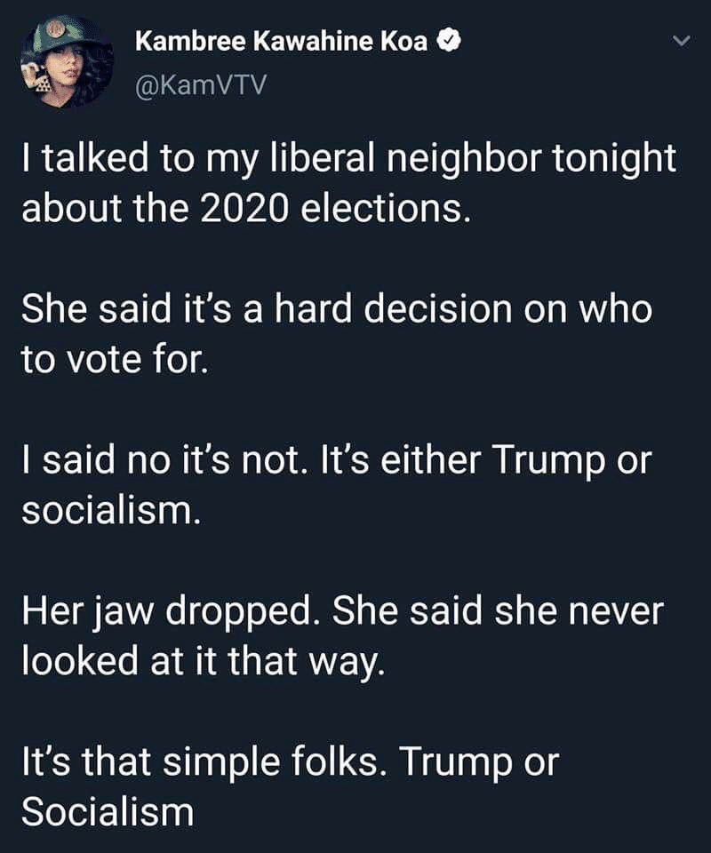 political boomer-memes political text: Kambree Kawahine Koa O @KamVTV I talked to my liberal neighbor tonight about the 2020 elections. She said it's a hard decision on who to vote for. I said no it's not. It's either Trump or socialism. Her jaw dropped. She said she never looked at it that way. It's that simple folks. Trump or Socialism 