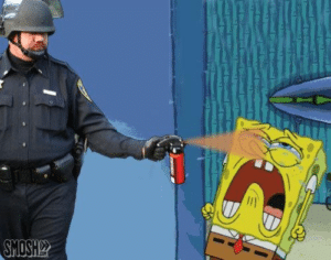 Spongebob getting pepper sprayed Cop meme template