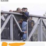 wholesome-memes cute text: People holding onto man trying to commit suicide No one should escape. We are all in this shitty earth together  cute