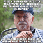 boomer-memes boomer text: I ASKED MY GRANDDAUGHTER TO FETCH ME A AND SAID "GRANDDAD you ARE SO OLD, JUST USE.MY-PHONE." SO"LAMMED HER PHONE THAT BIG HAIRY SPIm  boomer