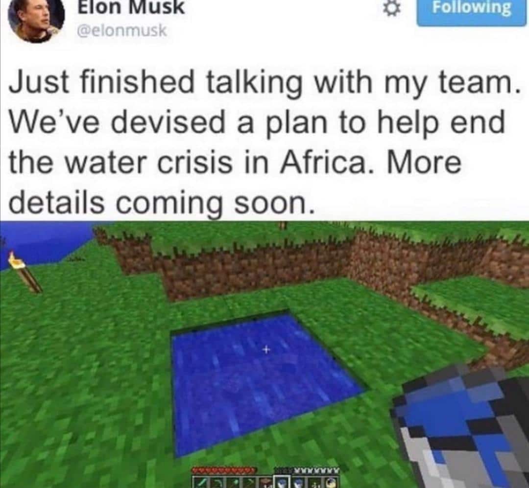 dank other-memes dank text: Elon Musk @elonmusk Following Just finished talking with my team. We've devised a plan to help end the water crisis in Africa. More details comin soon. vvvvvvv 