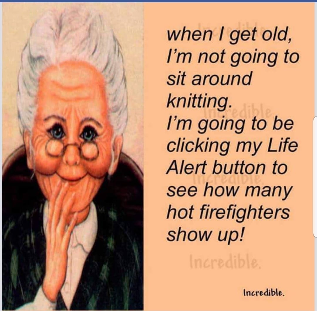 political political-memes political text: 9 when I get old, I'm not going to sit around knitting. I'm going to be clicking my Life Aled button to see how many hot firefighters show up! Incredible. 
