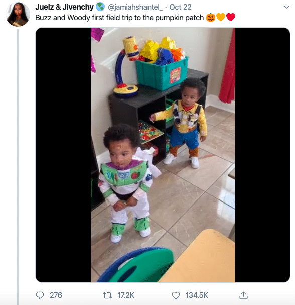 Tweet, Wholesome, Black Twitter wholesome-memes black text: @jamiahshantel_ • Oct 22 Juelz & Jivenchy Buzz and Woody first field trip to the pumpkin patch Q 276 17.2K 0 134.5K 