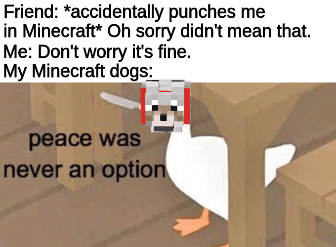 minecraft minecraft-memes minecraft text: Friend: *accidentally punches me in Minecraft* Oh sony didn't mean that. Me: Don't wony it's fine. My Minecraft dogs: peace was never an optio 
