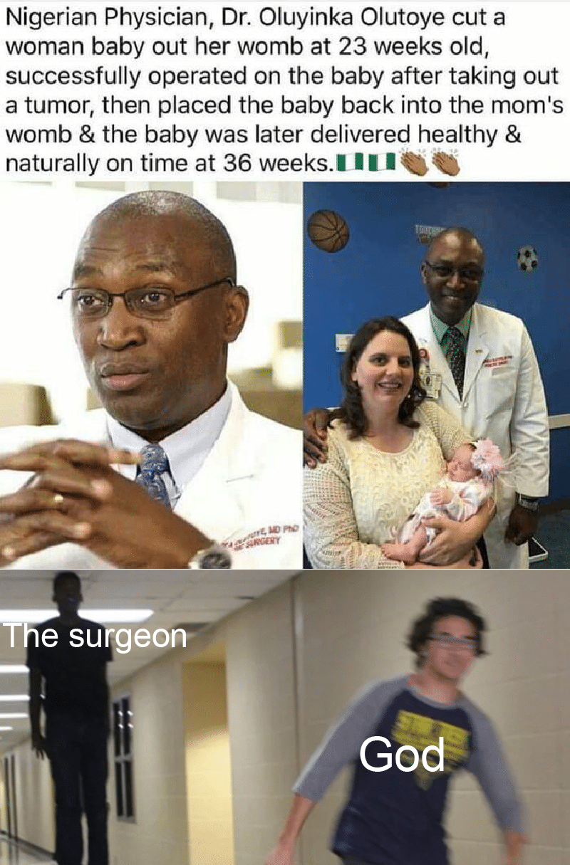 cute wholesome-memes cute text: Nigerian Physician, Dr. Oluyinka Olutoye cut a woman baby out her womb at 23 weeks old, successfully operated on the baby after taking out a tumor, then placed the baby back into the mom's womb & the baby was later delivered healthy & naturally on time at 36 weeks.l I r T e sur eorv God 