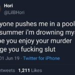 depression-memes depression text: Hori @LilBHori if anyone pushes me in a pool this summer i