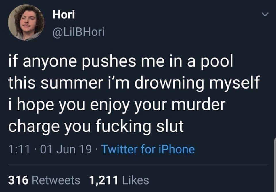 depression depression-memes depression text: Hori @LilBHori if anyone pushes me in a pool this summer i'm drowning myself i hope you enjoy your murder charge you fucking slut 1:11 • 01 Jun 19 • Twitter for iPhone 316 Retweets Likes 1,211 