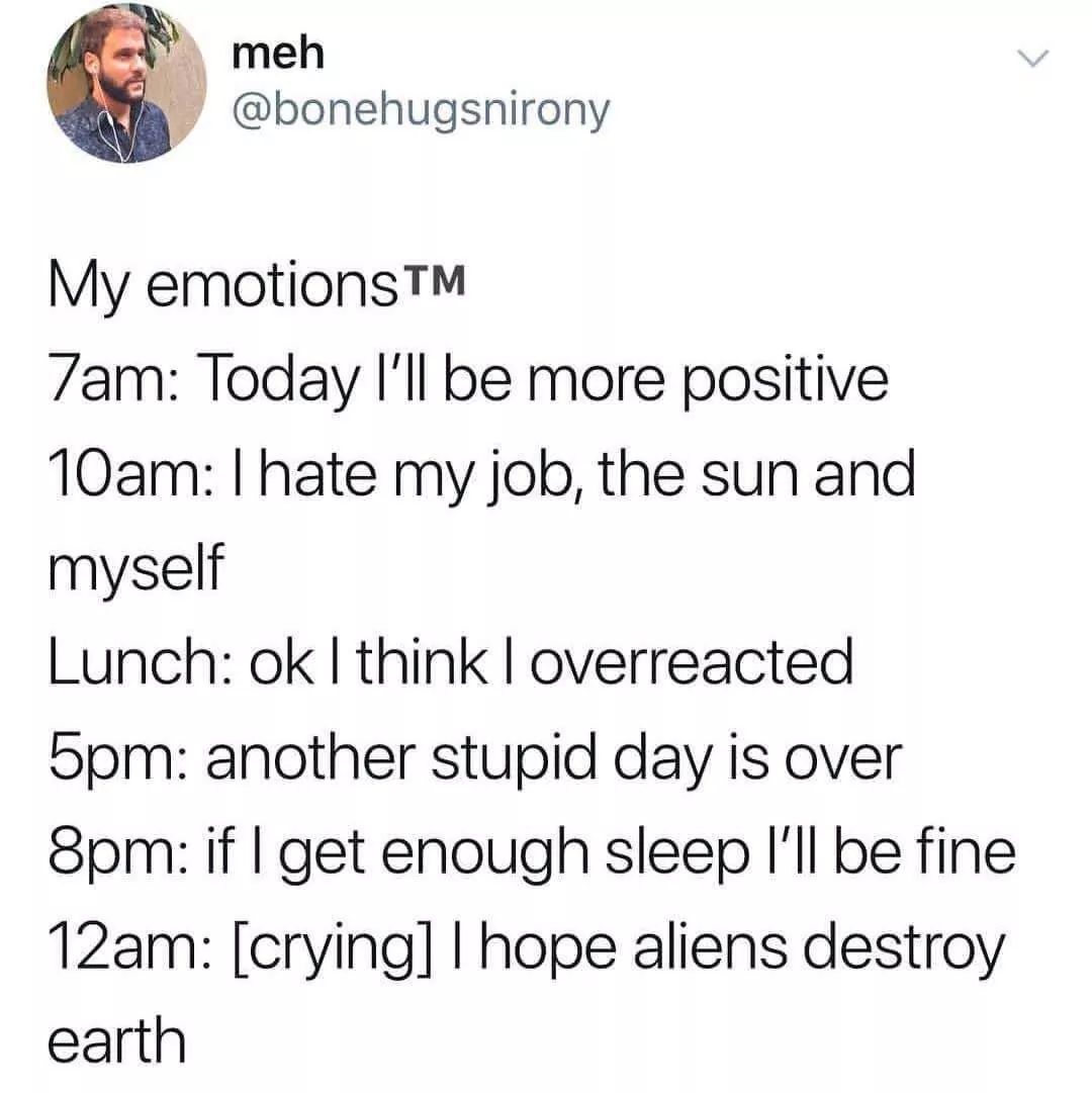 depression depression-memes depression text: meh @bonehugsnirony My emotionsTM 7am: Today I'll be more positive IOam: I hate my job, the sun and myself Lunch: ok I think I overreacted 5pm: another stupid day is over 8pm: if I get enough sleep I'll be fine 12am: [crying] I hope aliens destroy earth 