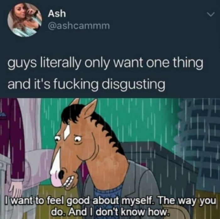 depression depression-memes depression text: Ash @ashcammm guys literally only want one thing and it's fucking disgusting [want to feel good about myself. The way you Ido. Ahd I don't know how: 