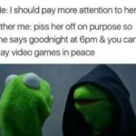 other-memes dank text: Me: I should pay more attention to her Other me: piss her off on purpose so she says goodnight at 6pm & you can play video games in peace  dank