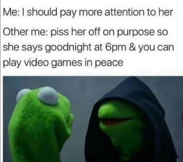dank other-memes dank text: Me: I should pay more attention to her Other me: piss her off on purpose so she says goodnight at 6pm & you can play video games in peace 