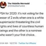political-memes political text: The Volatile Mermaid @OhNoSheTwitnt PSA for 2020: Itls not voting for the lesser of 2 evils when one is a white supremacist threatening the civil rights and lives of countless human beings and the other is a nominee who wasn