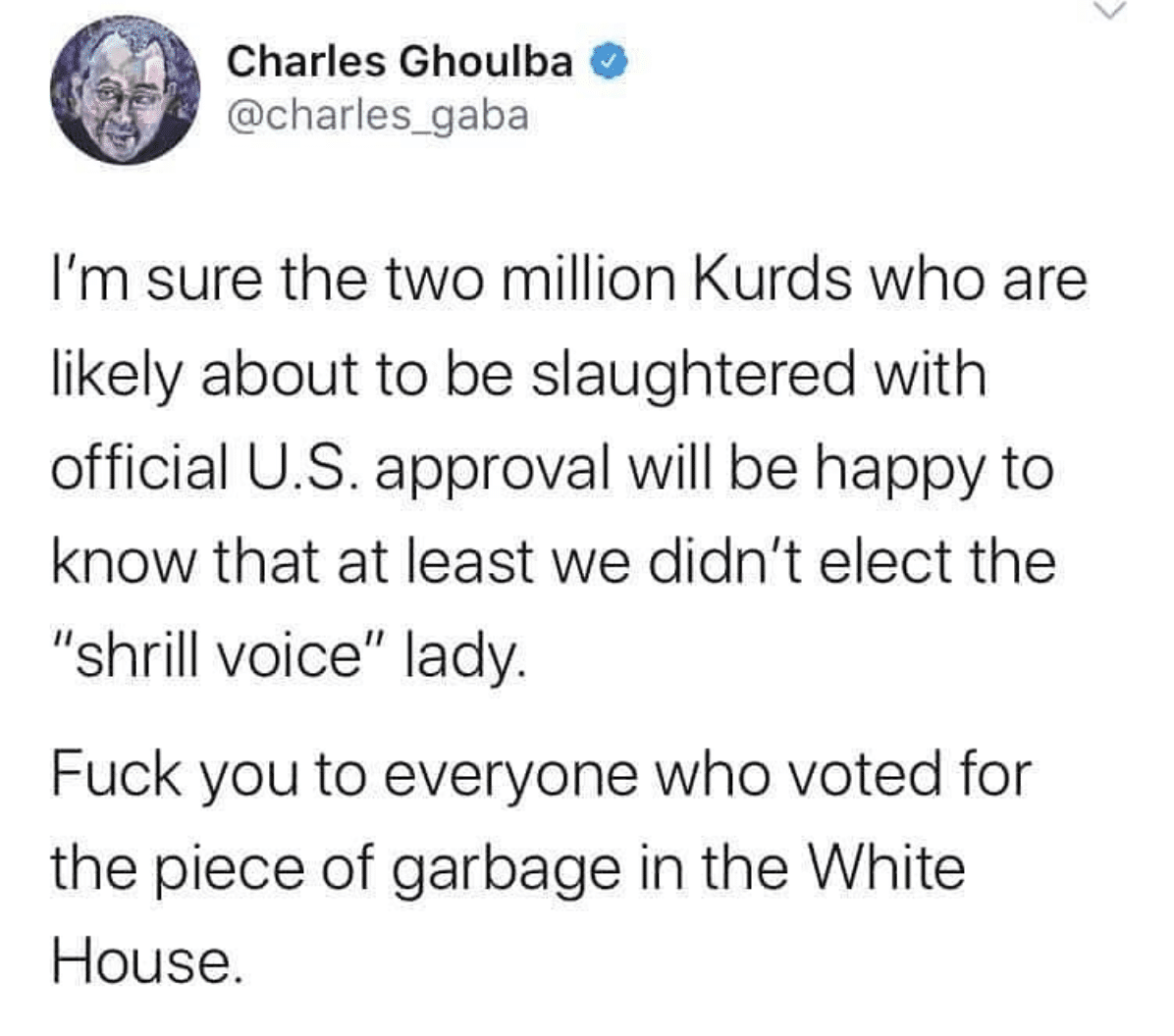 political political-memes political text: Charles Ghoulba @charles_gaba I'm sure the two million Kurds who are likely about to be slaughtered with official U.S. approval will be happy to know that at least we didn't elect the 