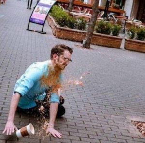 Man dropping coffee as he falls. Falling meme template