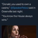 political-memes political text: Jamie Lovegrove d @jslovegrove "Donald, you used to own a casino," @SpeakerPelosi said in Greenville last night. "You know the House always wins."  political